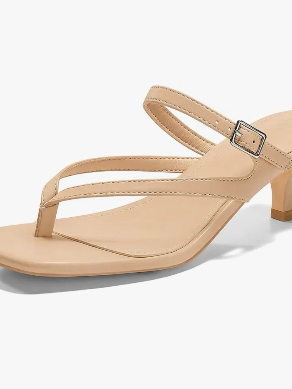 Coutgo  Beige Square Toe Kitten Heel Thong Sandals Strappy 10